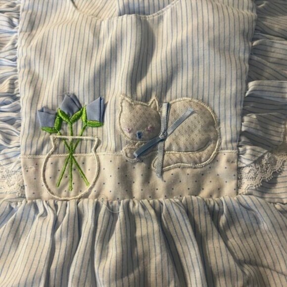Vintage baby dress white blue striped kitten and flowers lace trim girls 18 mo - Picture 2 of 6